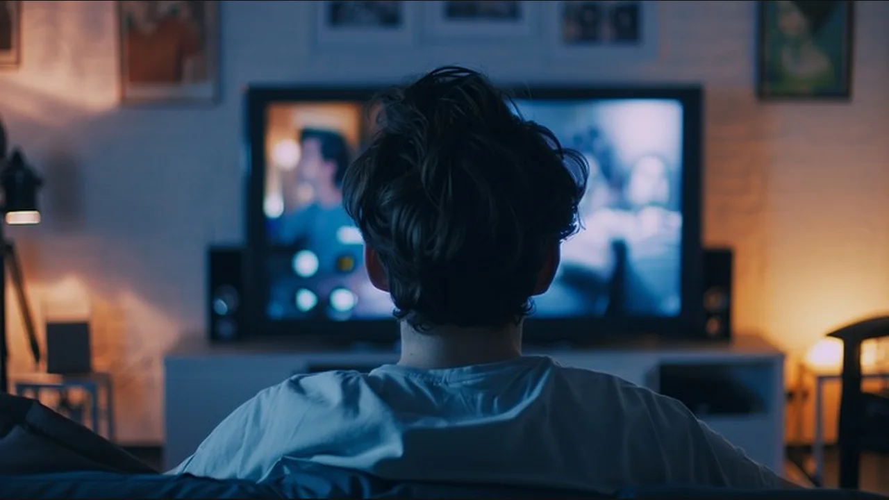 Person seen from behind watching television in a dim living room in the evening