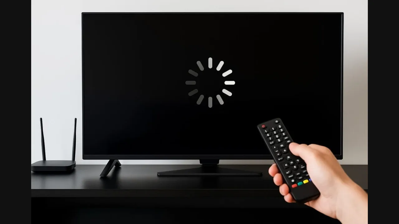 Television showing a loading spinner, with a hand holding a remote and a router beside the TV