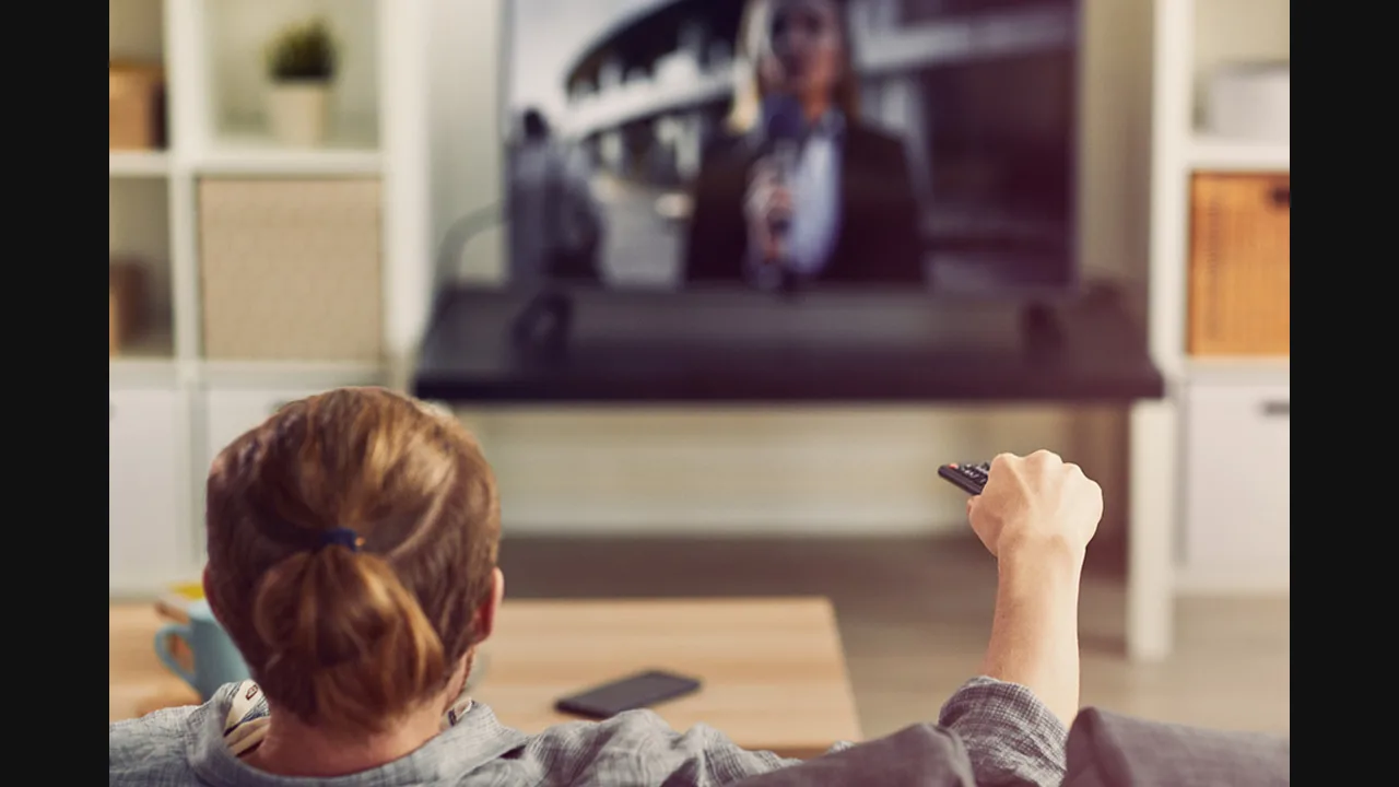 Man seen from behind holding a remote while watching television at home