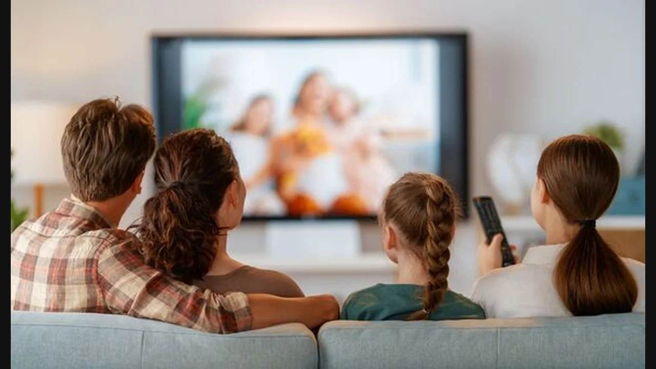 Family on a sofa watching a large television together, one girl holding a remote
