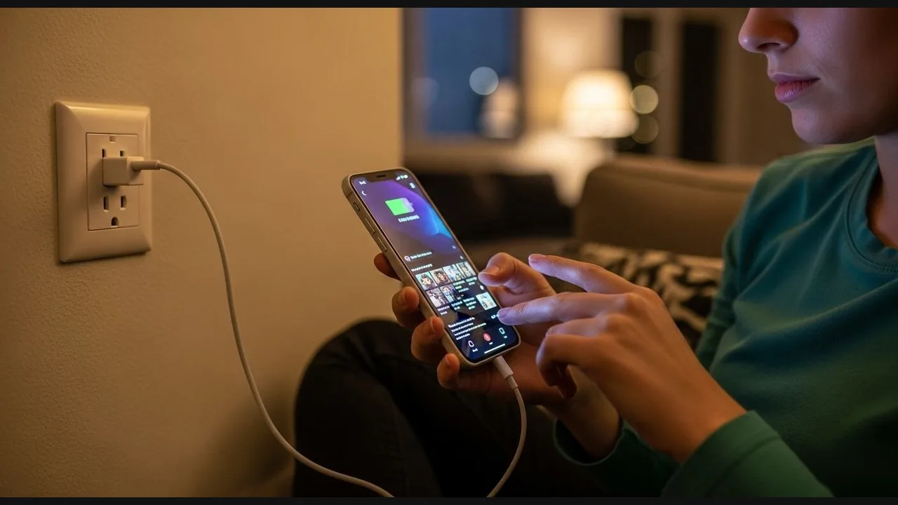 Person using a phone plugged into a wall charger while browsing a video list