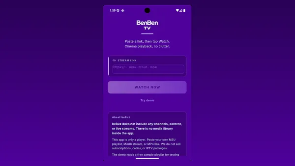 BenBen TV home screen: paste a stream link, tap Watch, and play with no clutter